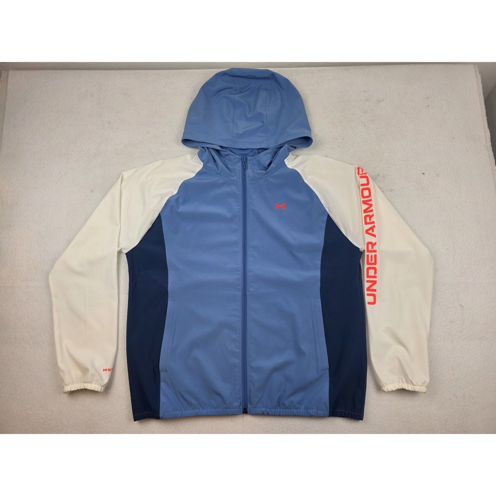 Under Armour Running Hooded Zip Loose Fit Jacket Lightweight Blue White Sleeves